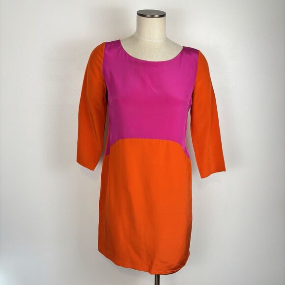 Eliza J Dress Size 10 Silk Color Block Orange Lined Back Zipper Scoop Neck FLAWS - Picture 3 of 13
